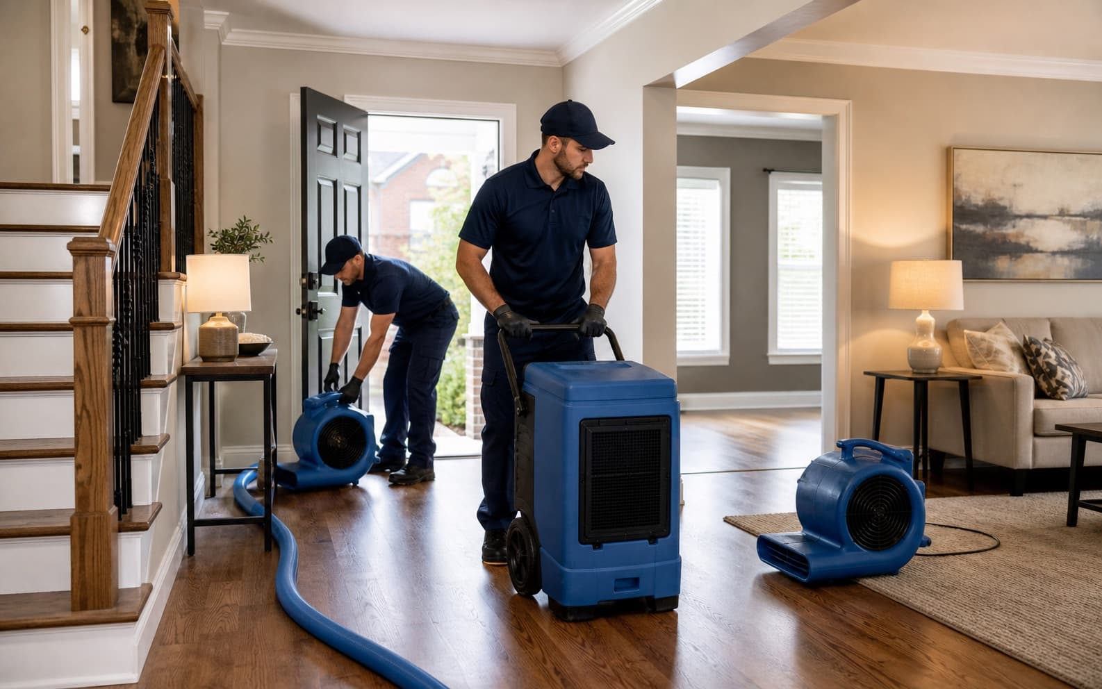 Technicians setting up drying equipment in a Brampton family home