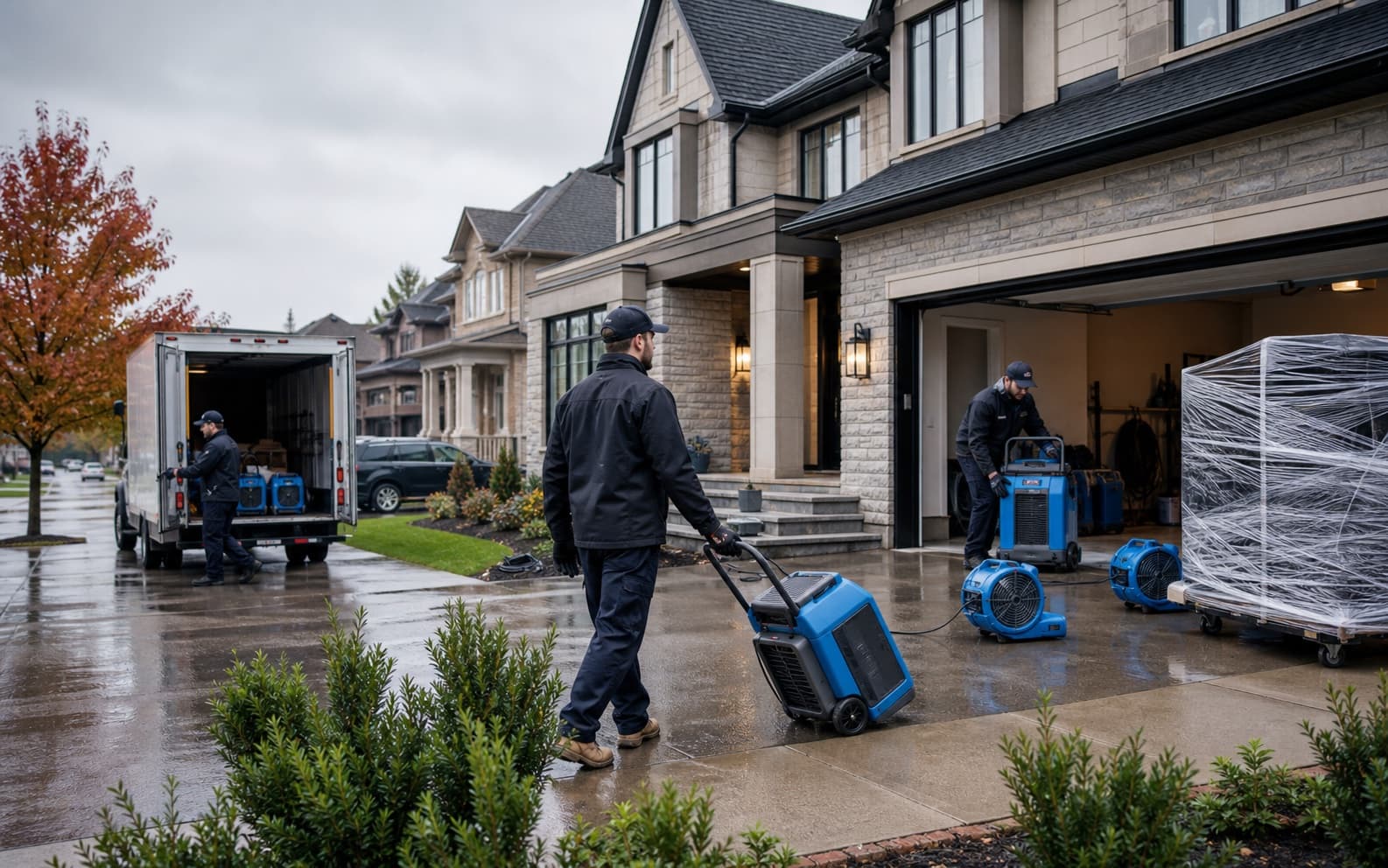 Restoration crew unloading drying equipment at a Mississauga home
