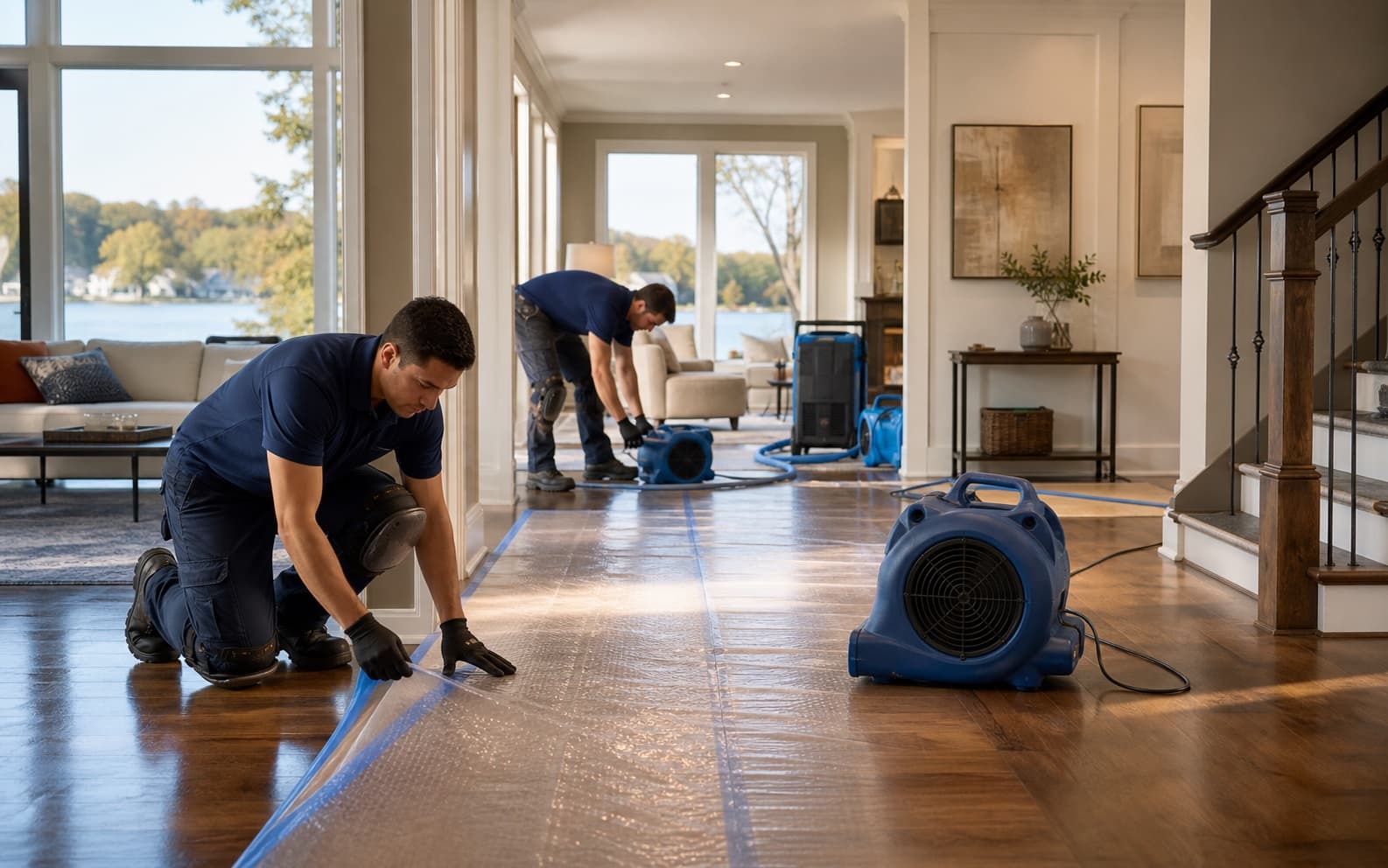 Illustration of a crew protecting hardwood floors in a home