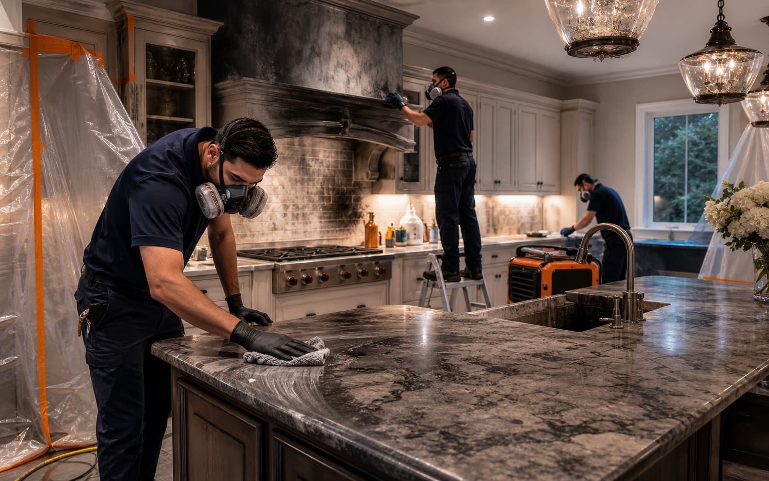 Illustration of a smoke cleanup crew in a kitchen