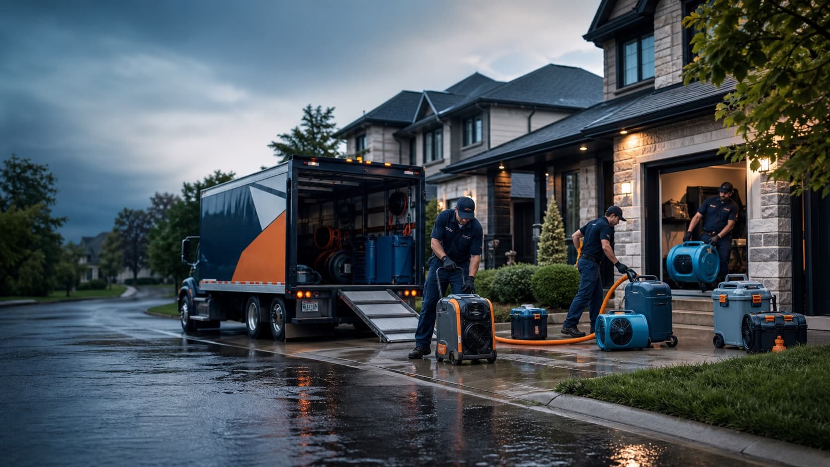 Illustration of a restoration crew arriving at a house