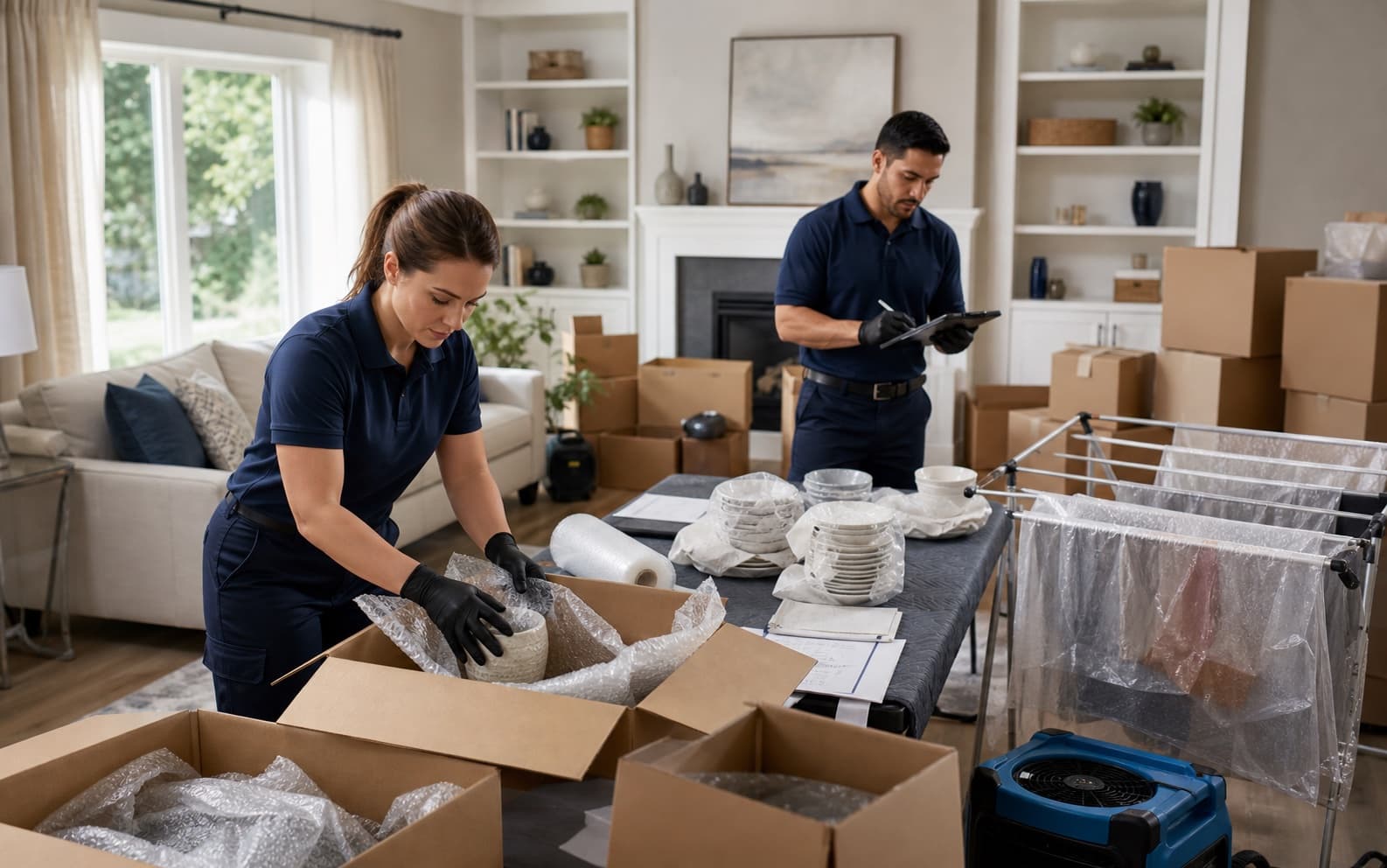 Restoration team packing household contents after property damage