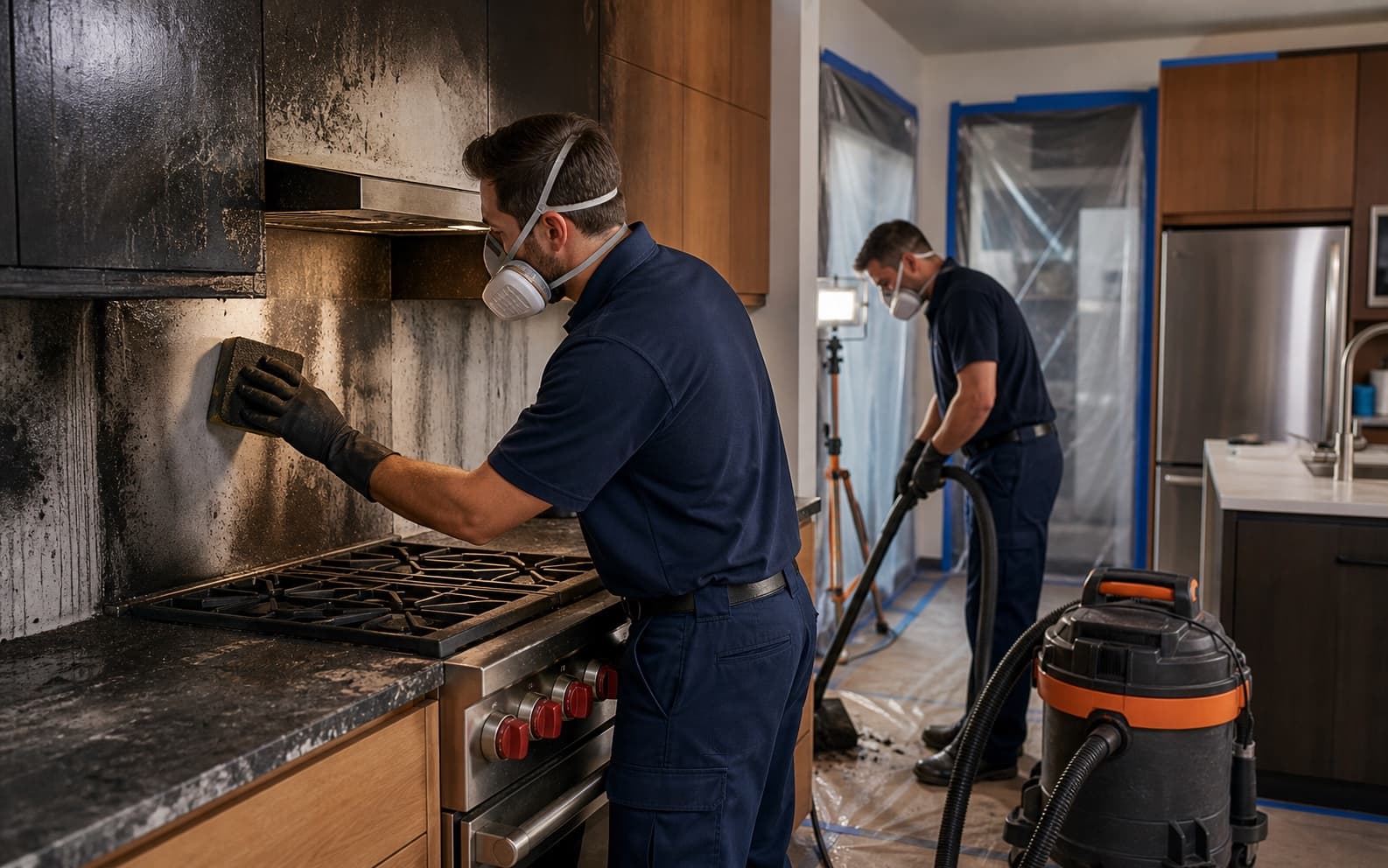 Restoration technicians cleaning smoke damage in a kitchen