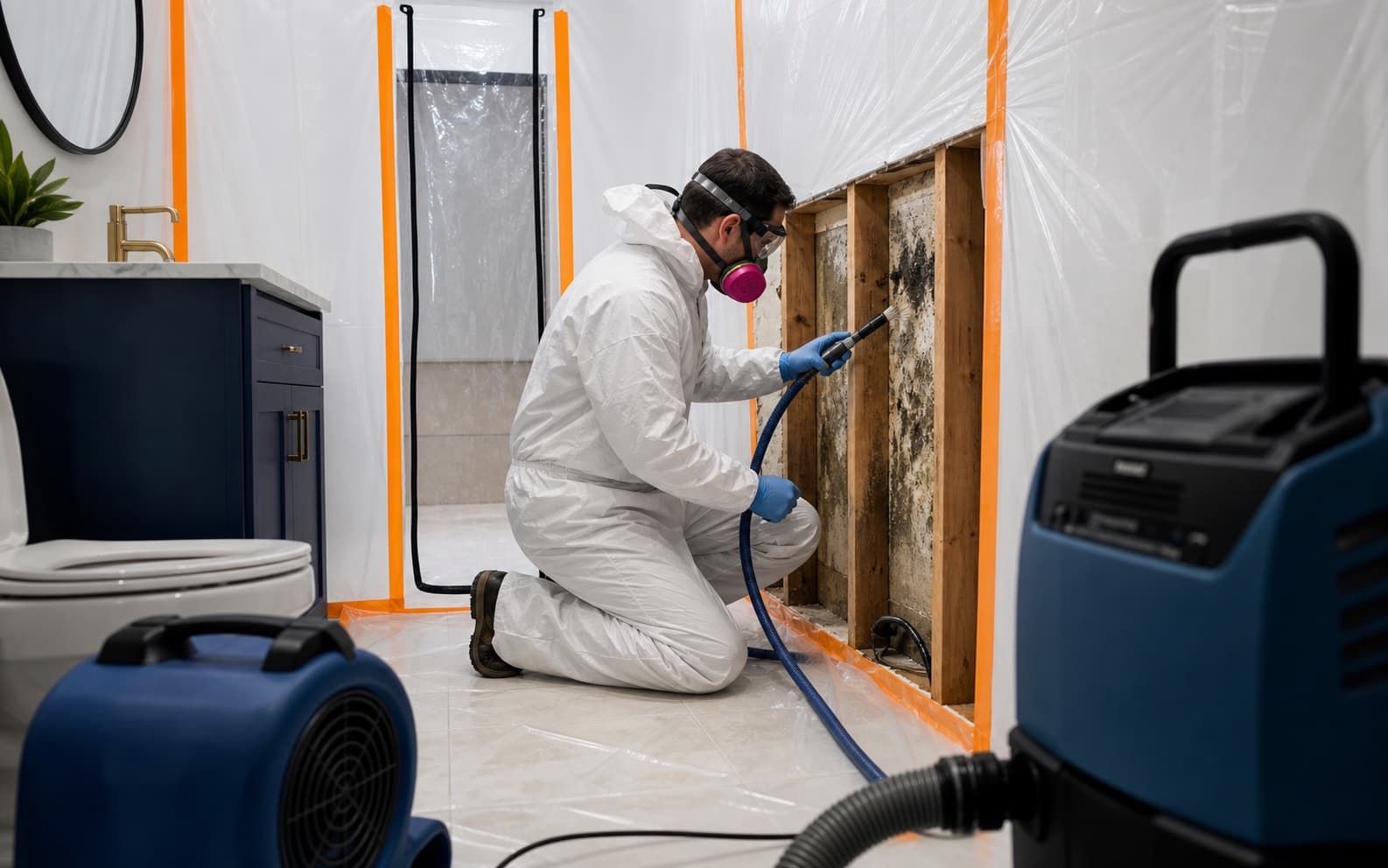 Illustration of a mold remediation containment setup in a bathroom