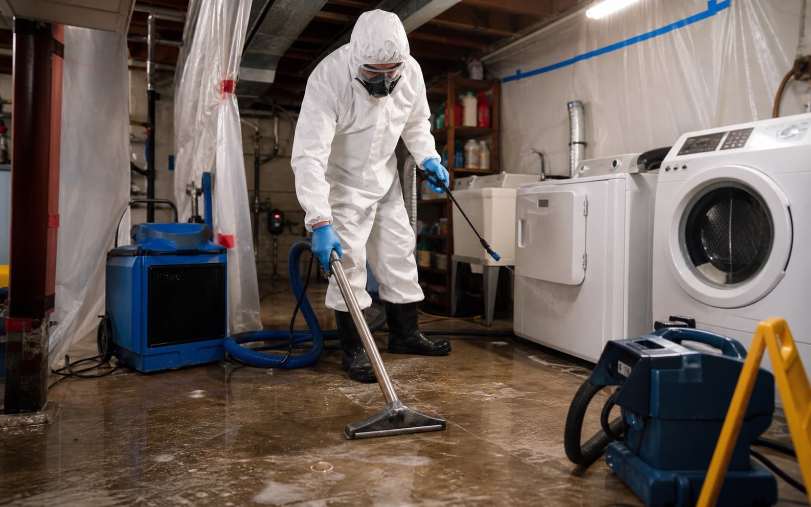 Illustration of a technician in protective gear cleaning up sewage in a basement laundry room