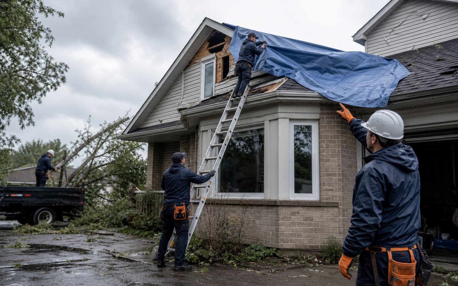 Illustration of technicians securing storm damage at a house