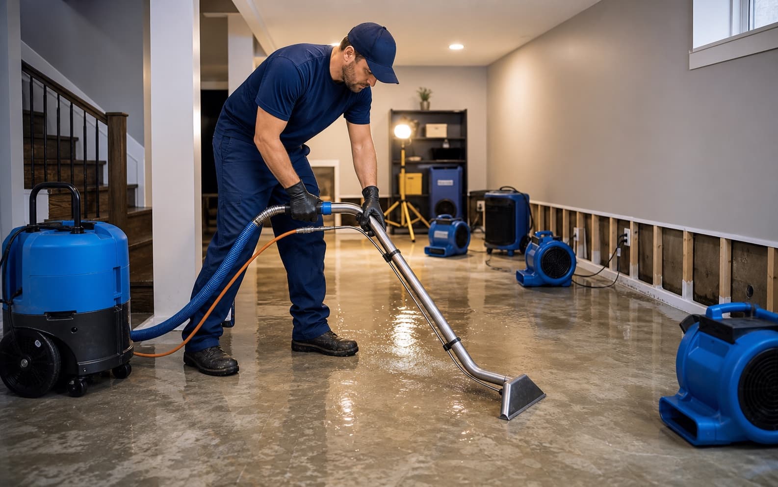 Illustration of a technician extracting water from a flooded finished basement